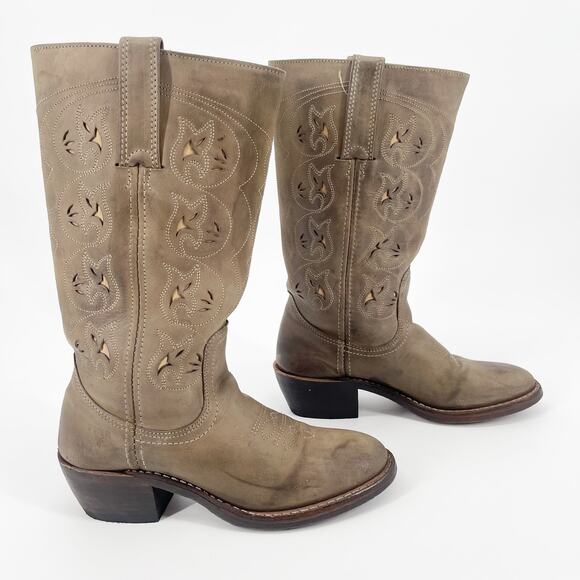Frye Shoes - Vintage Frye Austin Olive Green Leather Floral Cutout Western Cowgirl Boot sz 6